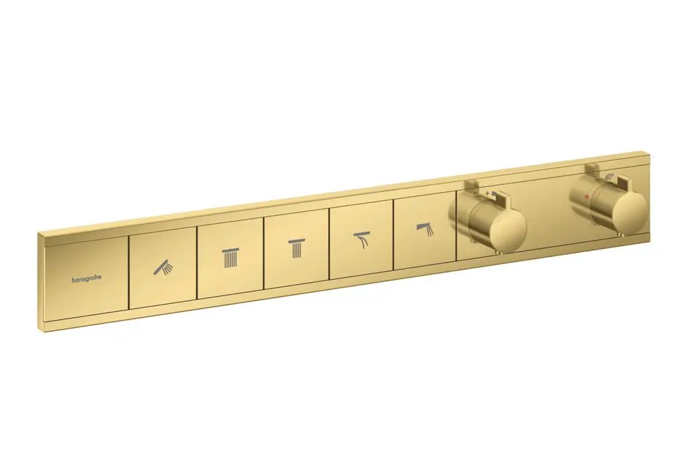 Thermostat-Armatur in Goldoptik von Hansgrohe mit Schaltflächen für verschiedene Wasserverbraucher und Temperaturregulierung.